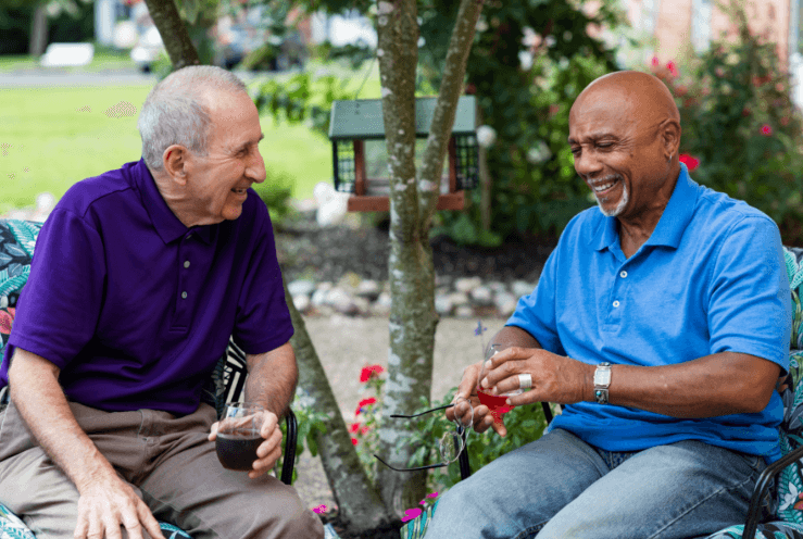 Two elderly men laughing together on a bench with colorful flowers behind them.