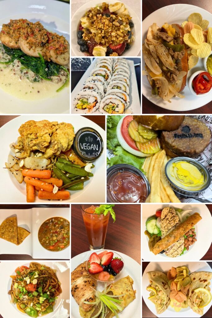 Collage of Foulk Living vegan menu items